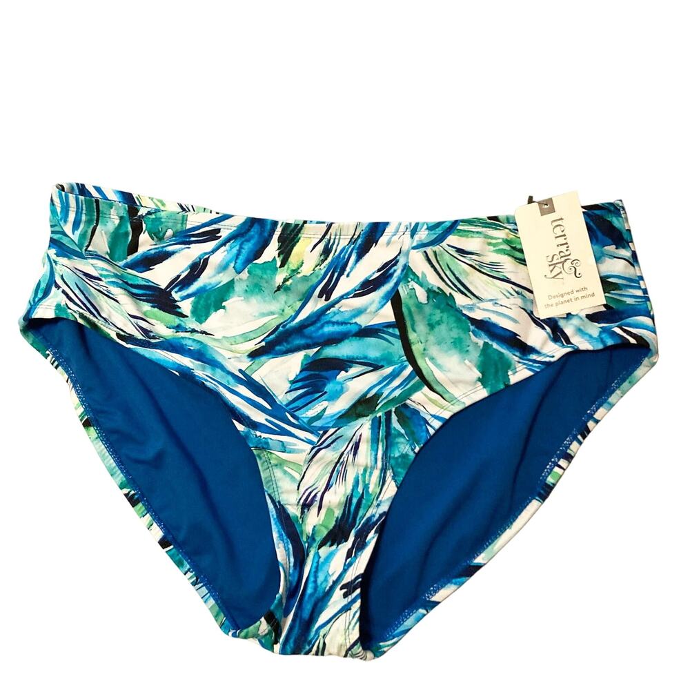 Terra & Sky Watercolor Blue Mid Rise Bikini Bottom 4X (28W-30W) Tummy Control